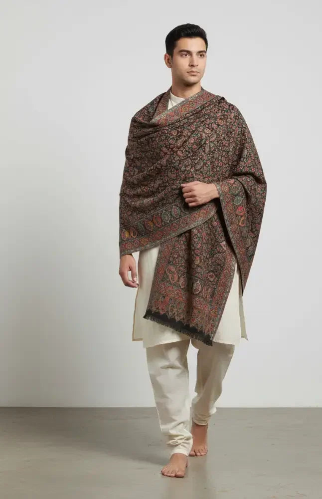 The Amritsar Store Black Kashmiri Jaal Shawl – Rich Multicolor Floral & Paisley Design , Shawl For Men - The Amritsar Store