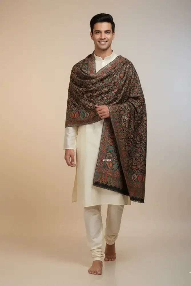 The Amritsar Store Black Kashmiri Jaal Shawl – Rich Multicolor Floral & Paisley Design , Shawl For Men - The Amritsar Store