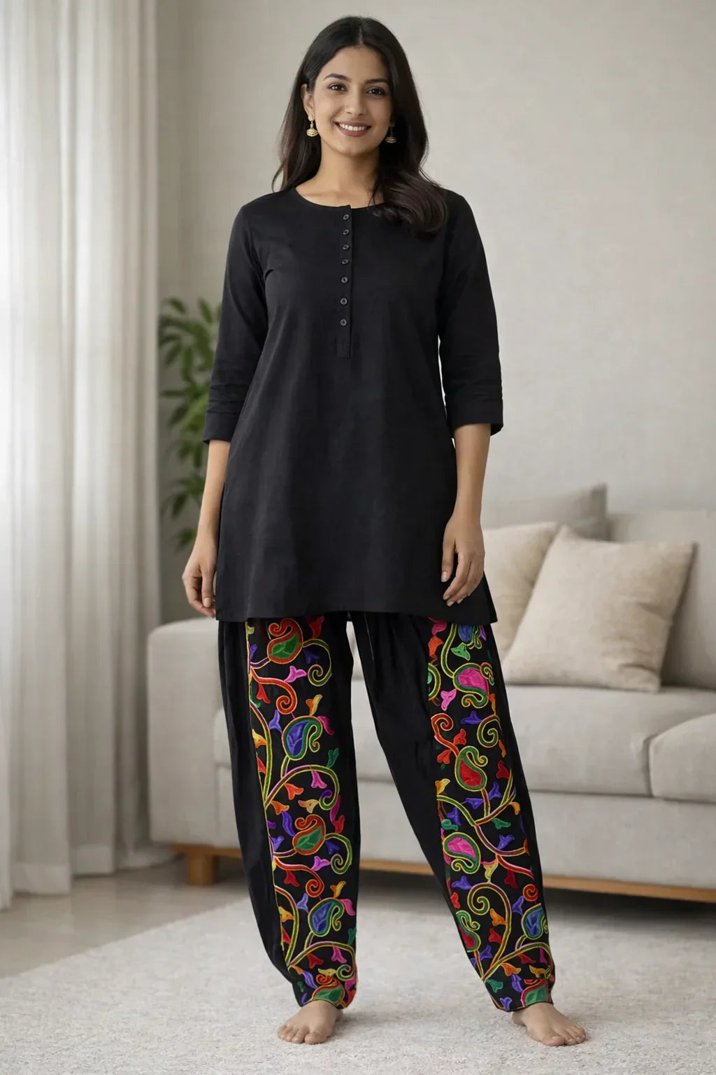 The Amritsar Store Black Kora Cotton Salwar with Multicolor Phulkari Embroidery - The Amritsar Store