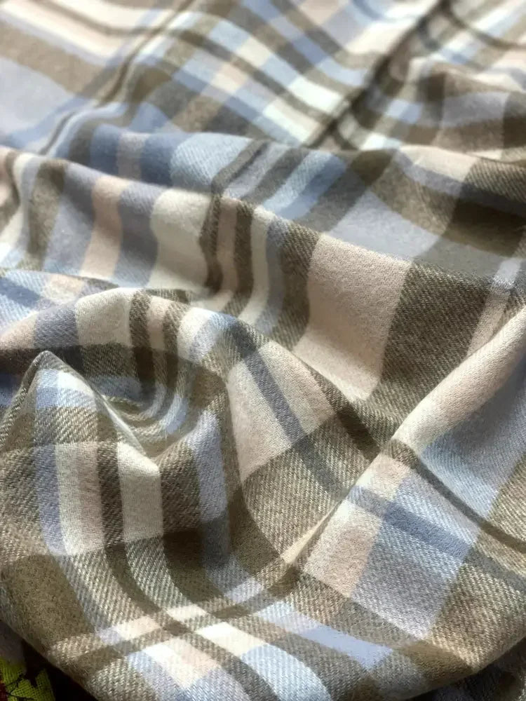 Blue Beige Plaid Wool Scarf for Women – Soft Winter Scarf with Tassels | The Amritsar Store - The Amritsar Store