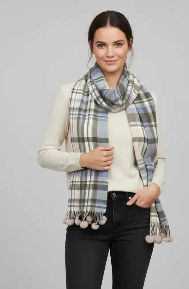 Blue Beige Plaid Wool Scarf for Women – Soft Winter Scarf with Tassels | The Amritsar Store - The Amritsar Store