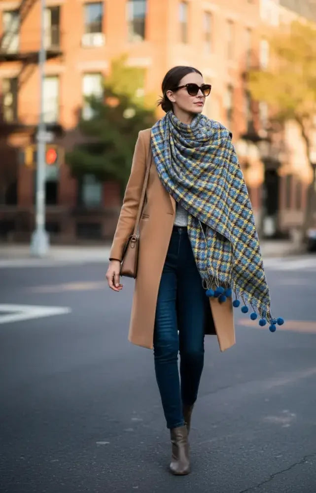 Blue Mustard Checked Wool Scarf for Women – Soft Winter Scarf | The Amritsar Store - The Amritsar Store
