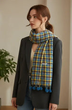Blue Mustard Checked Wool Scarf for Women – Soft Winter Scarf | The Amritsar Store - The Amritsar Store