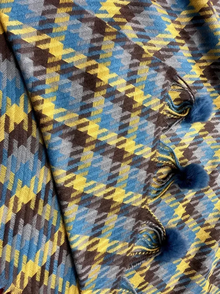 Blue Mustard Checked Wool Scarf for Women – Soft Winter Scarf | The Amritsar Store - The Amritsar Store