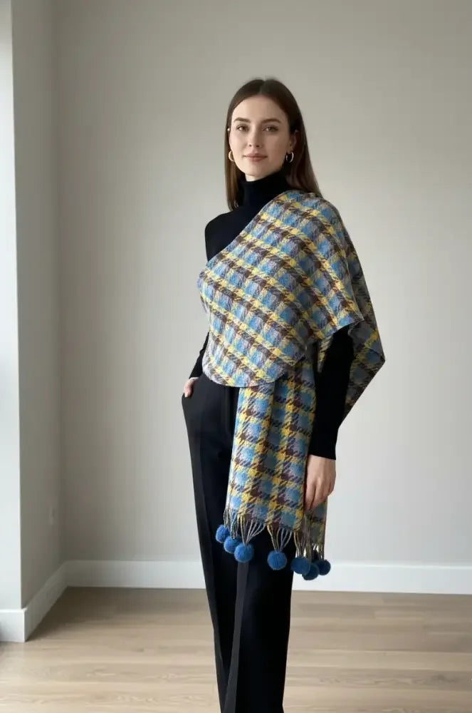 Blue Mustard Checked Wool Scarf for Women – Soft Winter Scarf | The Amritsar Store - The Amritsar Store