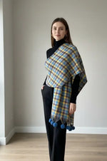 Blue Mustard Checked Wool Scarf for Women – Soft Winter Scarf | The Amritsar Store - The Amritsar Store