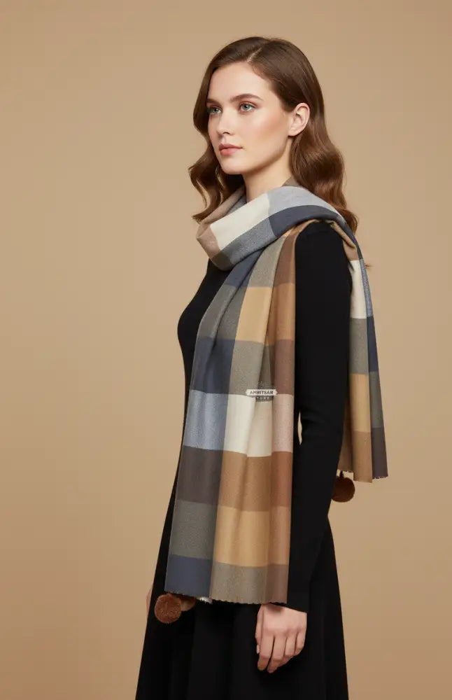 The Amritsar Store Brown, Beige & Grey Check Wool Scarf with Classic Plaid Pattern