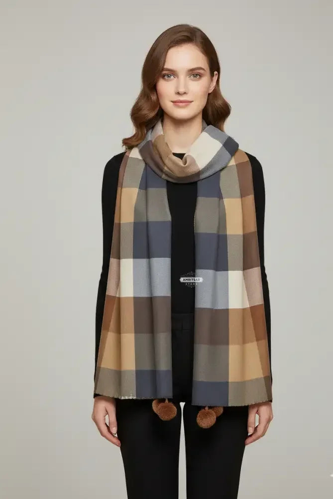 Brown Beige Grey Checked Wool Scarf for Women – Soft Winter Scarf | The Amritsar Store - The Amritsar Store