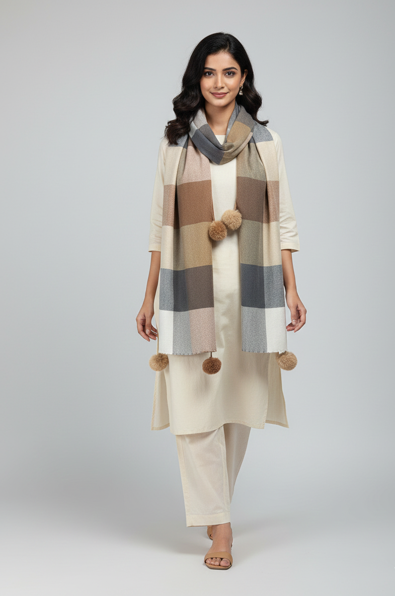 The Amritsar Store Brown, Beige & Grey Check Wool Scarf with Classic Plaid Pattern