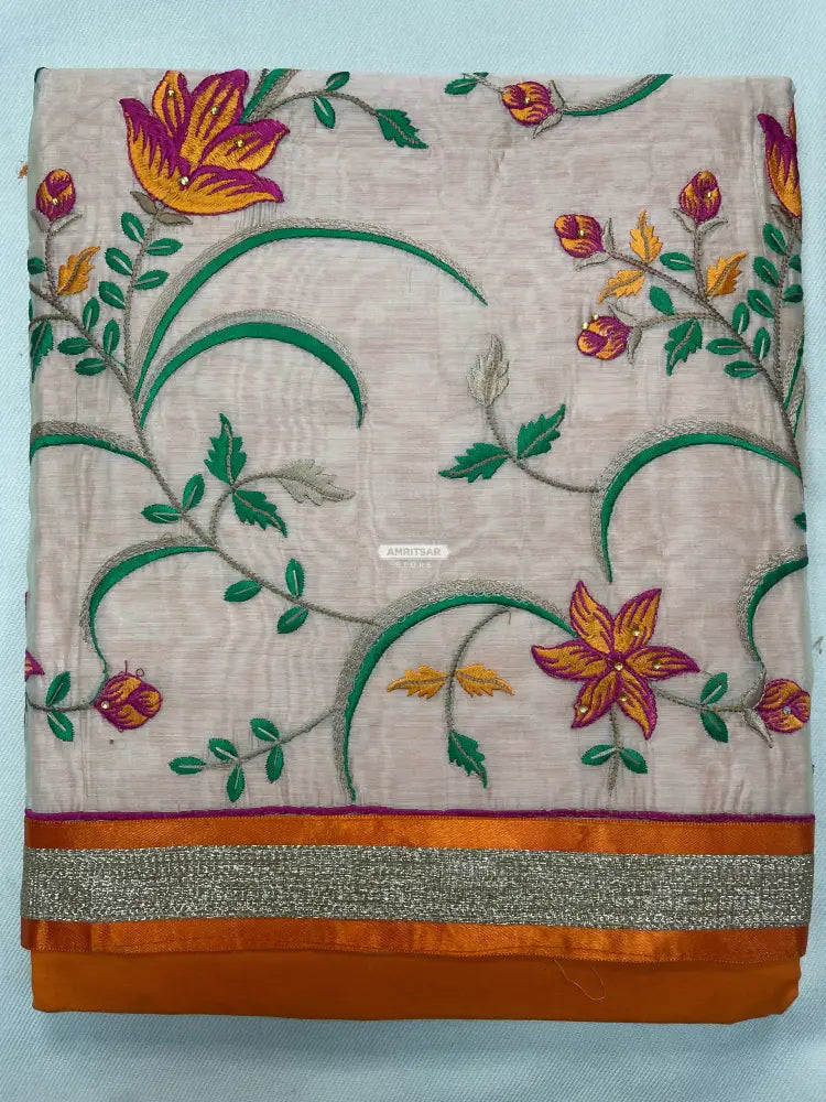 The Amritsar Store Chanderi Embroidered Unstitched Suit with Dupatta for Women, Traditional Punjabi Ethnic Wear Suit Set