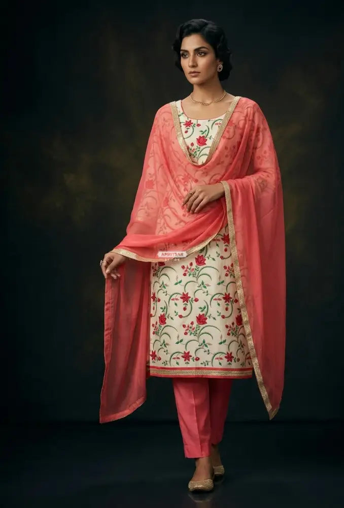 The Amritsar Store Chanderi Embroidered Unstitched Suit with Dupatta for Women, Traditional Punjabi Ethnic Wear Suit Set