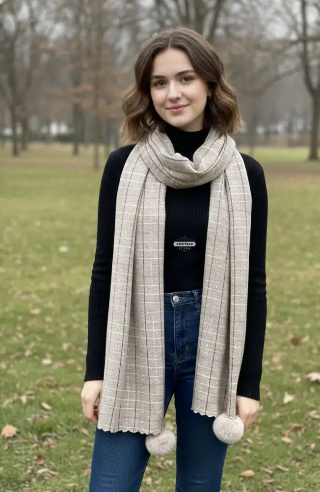 The Amritsar Store Classic Beige & White Check Wool Scarf with timeless check pattern and soft wool texture