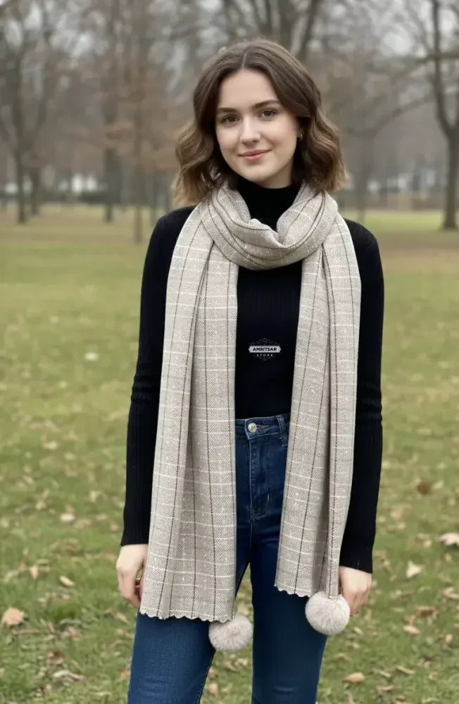 Beige White Checked Wool Scarf for Women – Soft Winter Scarf | The Amritsar Store - The Amritsar Store