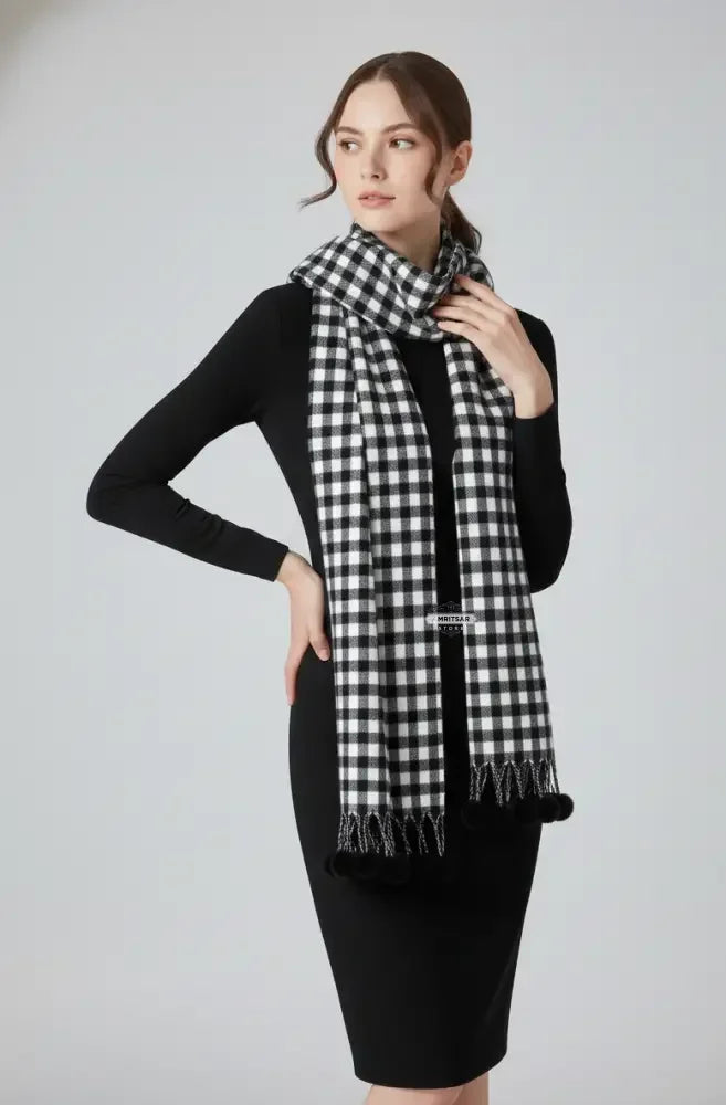 Black White Checked Wool Scarf for Women – Soft Winter Scarf | The Amritsar Store - The Amritsar Store