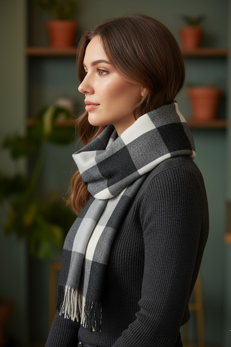 “The Amritsar Store classic black and white check wool scarf, soft woven winter scarf