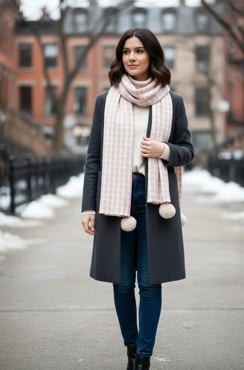 “The Amritsar Store Classic Check Wool Scarf in soft neutral shades, featuring a timeless check pattern and fine wool texture”