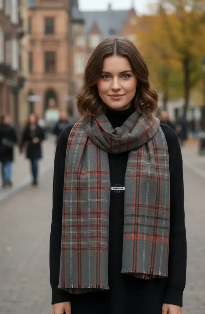 Green Rust Beige Checked Wool Scarf – Soft Winter Scarf Unisex | The Amritsar Store - The Amritsar Store