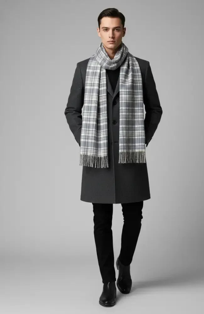 Grey Ivory Checked Wool Scarf – Soft Winter Scarf for Men & Women | The Amritsar Store - The Amritsar Store