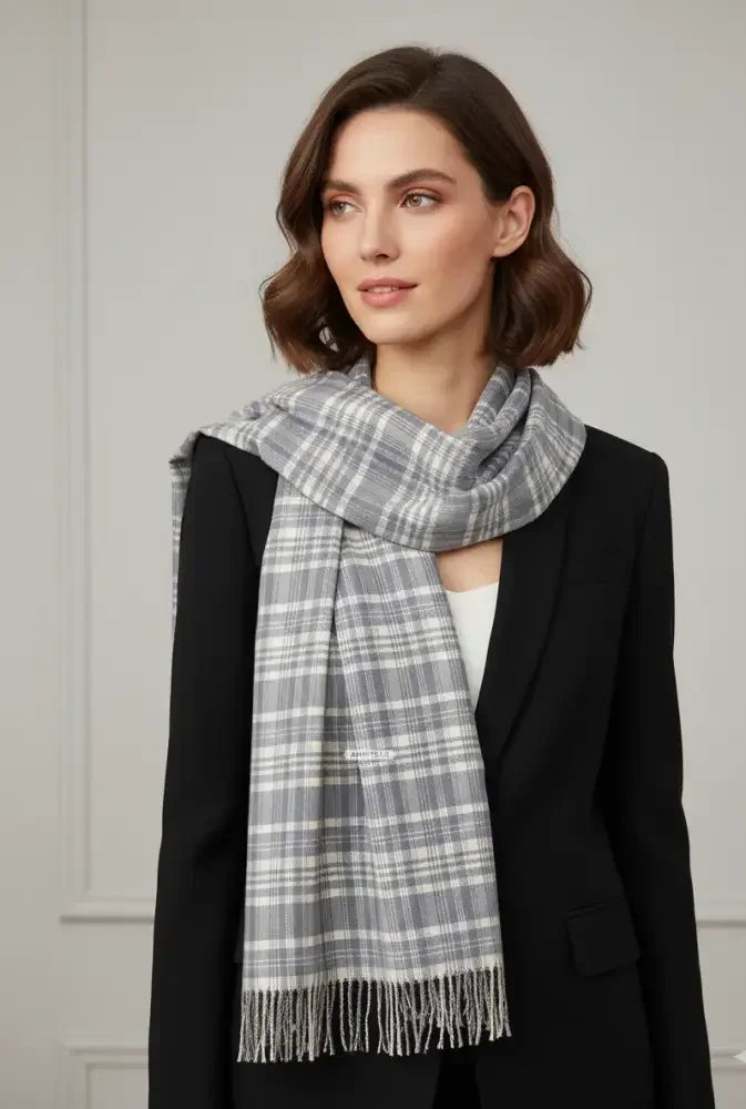 Grey Ivory Checked Wool Scarf – Soft Winter Scarf for Men & Women | The Amritsar Store - The Amritsar Store