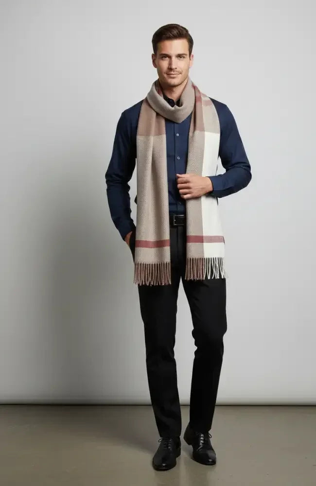 Taupe Ivory Checked Wool Scarf – Soft Winter Scarf for Men & Women | The Amritsar Store - The Amritsar Store
