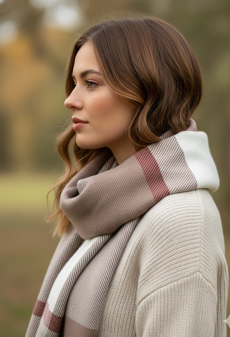 The Amritsar Store Classic Taupe & Ivory Check Wool Scarf – Soft Warm Winter Scarf for Women”