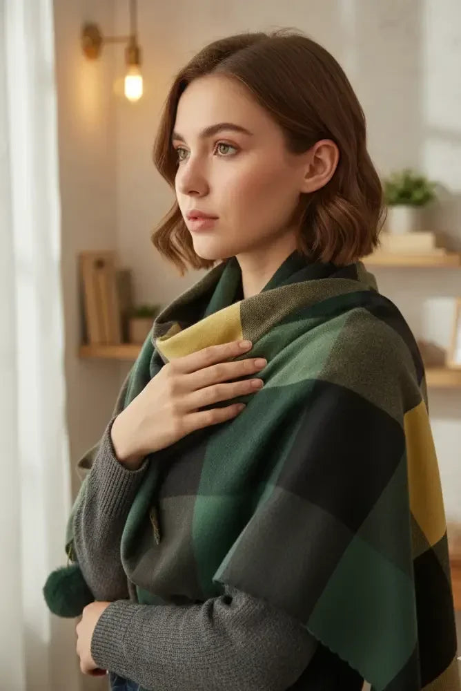 Teal Brown Checked Wool Scarf for Women – Soft Winter Scarf | The Amritsar Store - The Amritsar Store