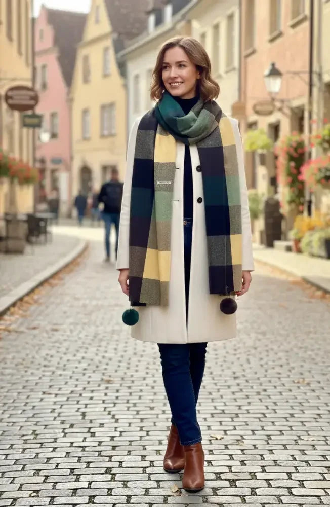 Teal Brown Checked Wool Scarf for Women – Soft Winter Scarf | The Amritsar Store - The Amritsar Store