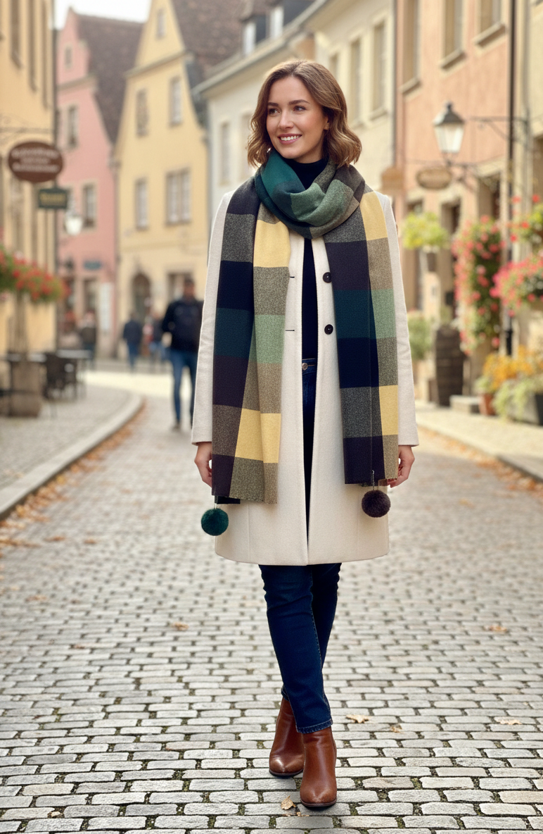 The Amritsar Store classic teal and brown check scarf for women, soft winter accessory
