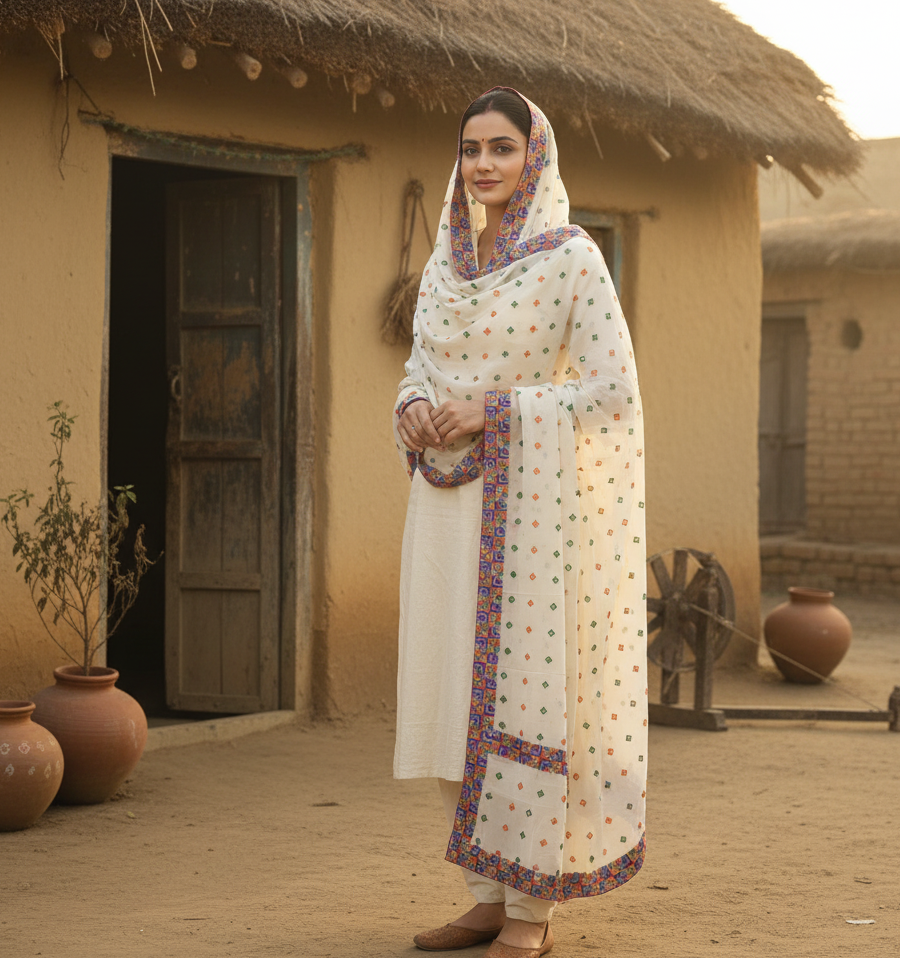 The Amritsar Store Phulkari Hand Embroidered Dupatta in cream color adorned with vibrant multicolor thread work, showcasing traditional Punjabi craftsmanship and elegance.