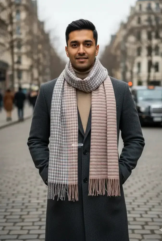 Reversible Wool Scarf – Grey Plaid & Soft Pink Winter Scarf for Unisex | The Amritsar Store - The Amritsar Store