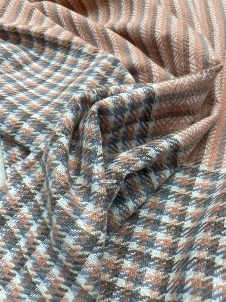 The Amritsar Store elegant reversible wool scarf featuring grey plaid design with soft pink woven accents