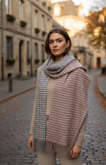 The Amritsar Store elegant reversible wool scarf featuring grey plaid design with soft pink woven accents