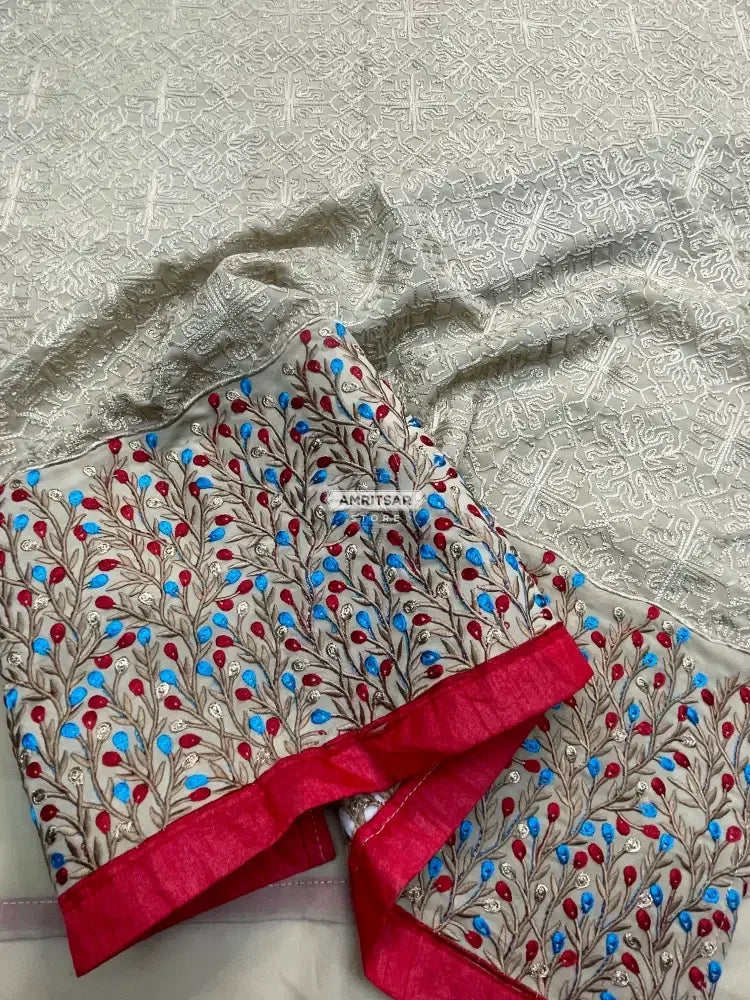 The Amritsar Store Georgette Kurti with Red & Blue Floral Borders - The Amritsar Store
