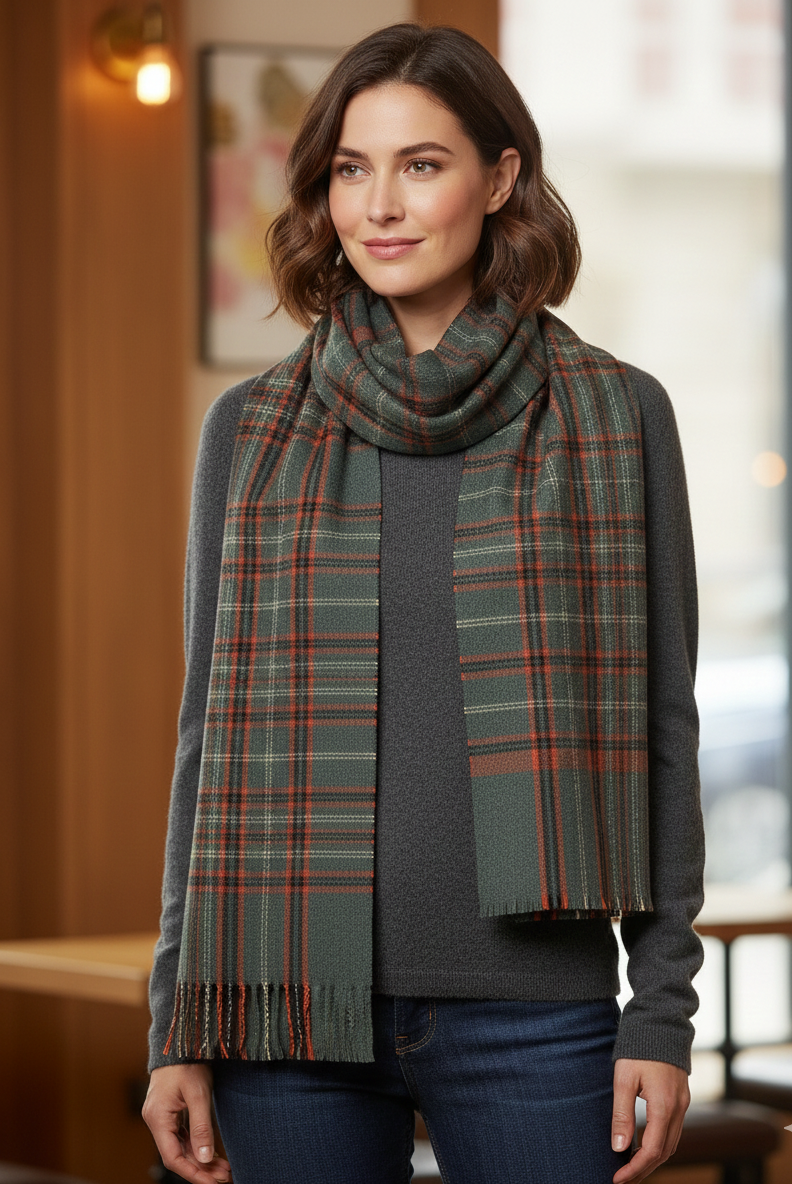 The Amritsar Store Classic Green, Rust & Beige Check Wool Scarf with soft woven checks and fringed edges