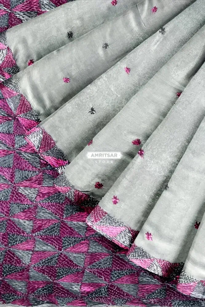 Phulkari Saree – Hand Embroidered Grey Saree with Pink Border | The Amritsar Store - The Amritsar Store