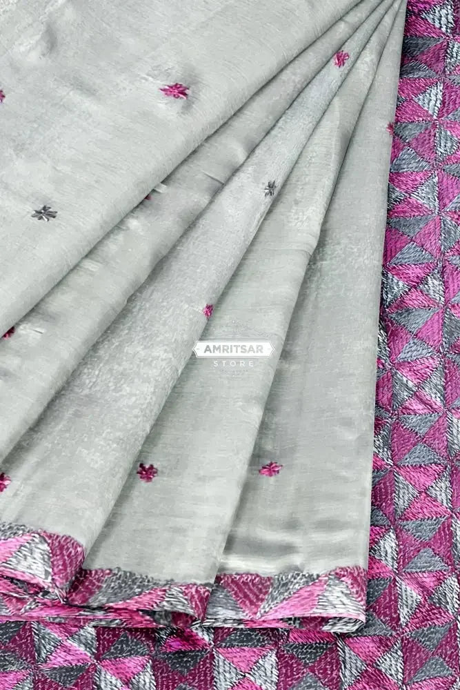 Phulkari Saree – Hand Embroidered Grey Saree with Pink Border | The Amritsar Store - The Amritsar Store