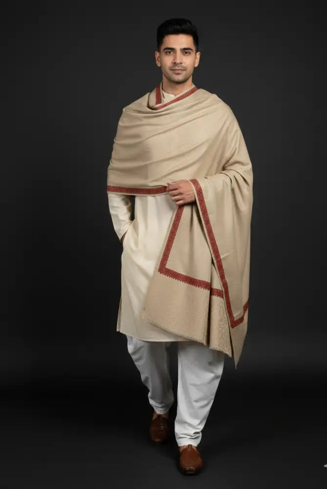 Hand embroidered Kashmiri shawl by The Amritsar Store featuring paisley embroidery on four corners, warm and lightweight design