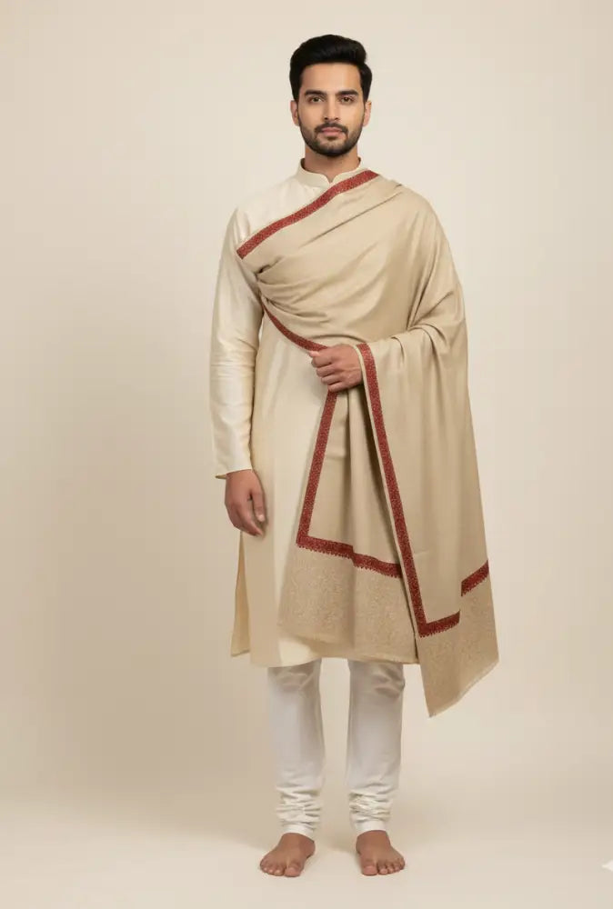 Hand embroidered Kashmiri shawl by The Amritsar Store featuring paisley embroidery on four corners, warm and lightweight design