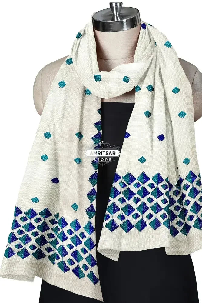 Phulkari Dupatta – Hand Embroidered White Dupatta with Blue Embroidery | The Amritsar Store - The Amritsar Store