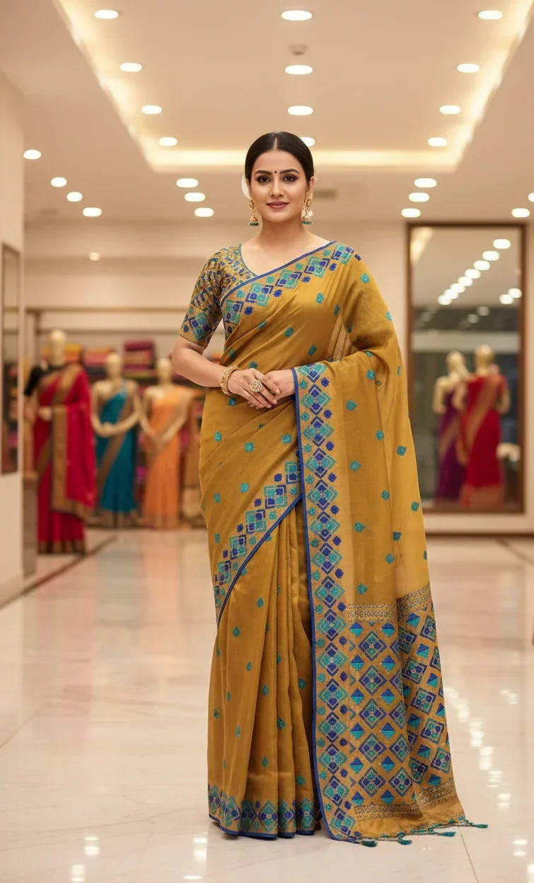 Phulkari Saree – Hand Embroidered Mustard Saree in Blue Thread | The Amritsar Store - The Amritsar Store