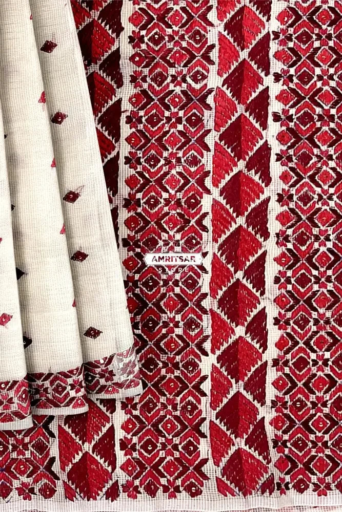 Phulkari Saree – Hand Embroidered White Saree with Maroon Embroidery | The Amritsar Store - The Amritsar Store