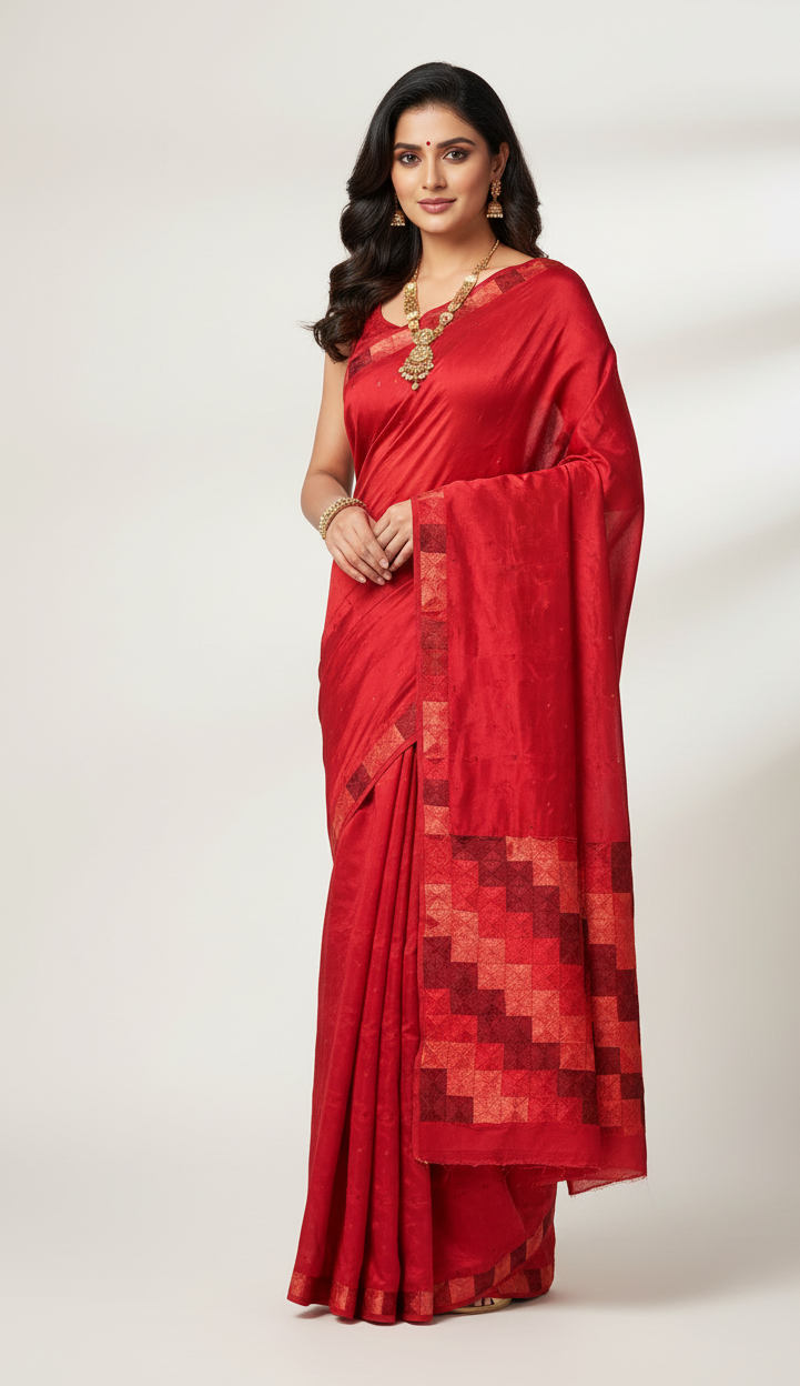 The Amritsar Store Phulkari Saree – Hand Embroidered Red Chinnon Chiffon, Traditional Punjabi Ethnic Attire