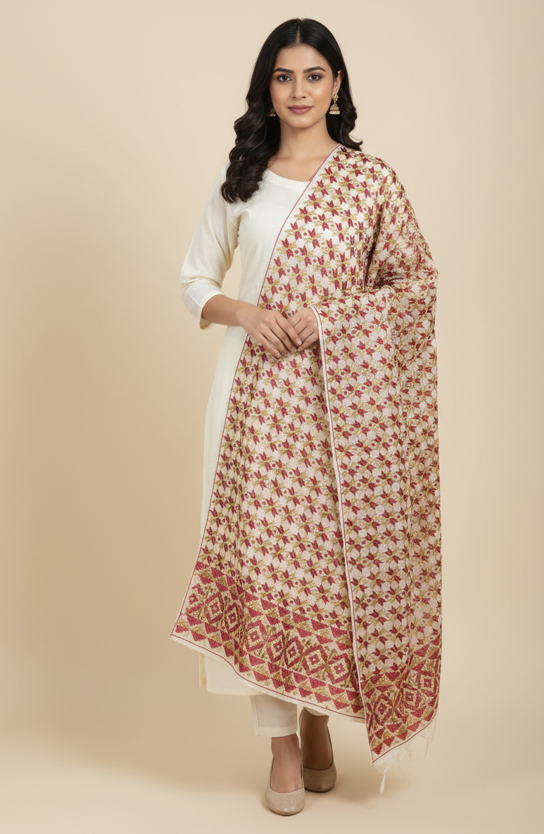 The Amritsar Store Beige Blossom Heritage Stole – Elegant Traditional Design for Women