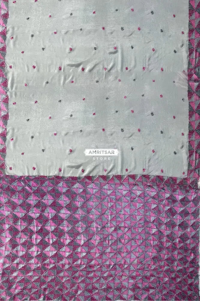 Phulkari Saree – Hand Embroidered Grey Saree with Pink Border | The Amritsar Store - The Amritsar Store