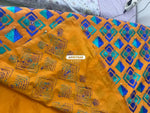 Phulkari Saree – Hand Embroidered Mustard Saree in Blue Thread | The Amritsar Store - The Amritsar Store