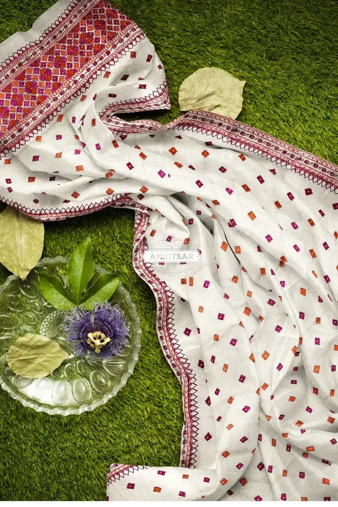 Phulkari Dupatta - Off-White with Pink & Orange Embroidery | The Amritsar Store - The Amritsar Store