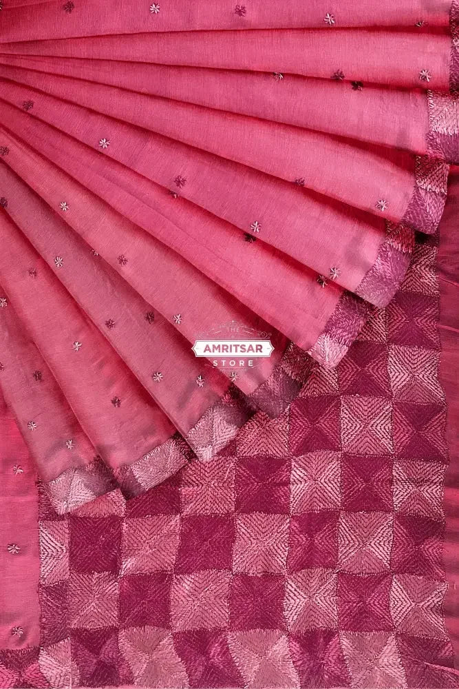 Phulkari Saree Hand-Embroidered in Pink – Celebrate Tradition in Style,The Amritsar Store - The Amritsar Store