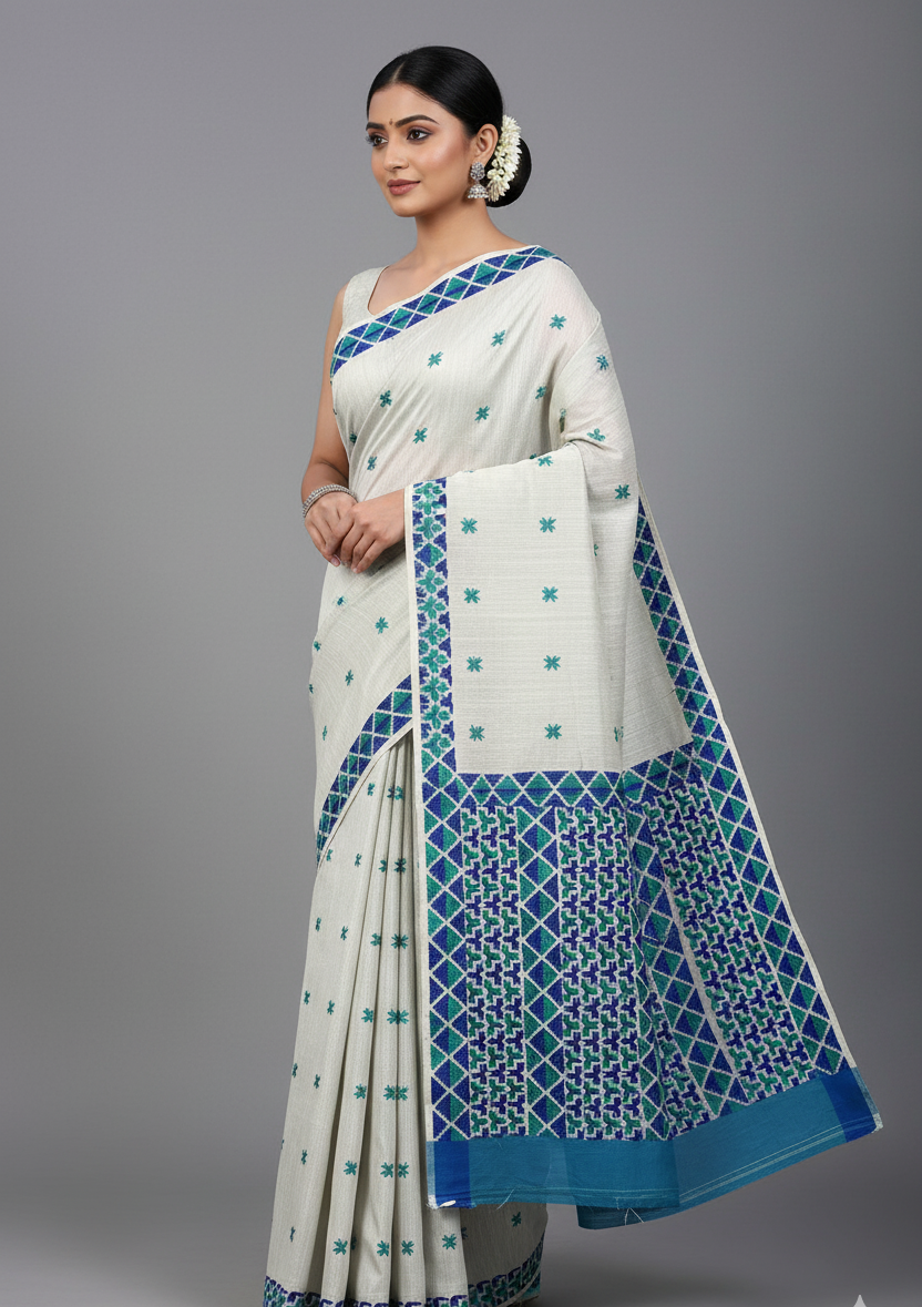The Amritsar Store Phulkari Saree – Hand Embroidered White Fabric with Elegant Blue Accent
