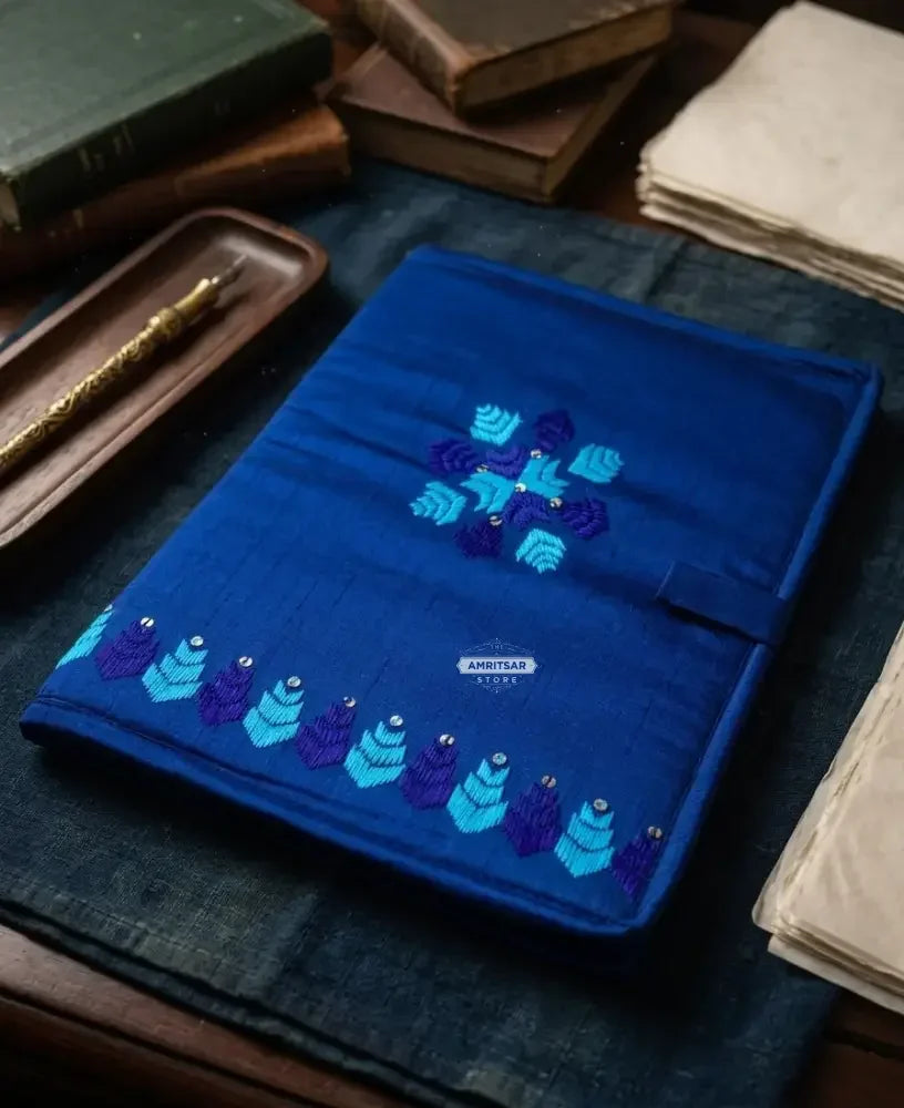 The Amritsar Store Handmade Embroidered Fabric Document File – Blue with Mirror Work - The Amritsar Store