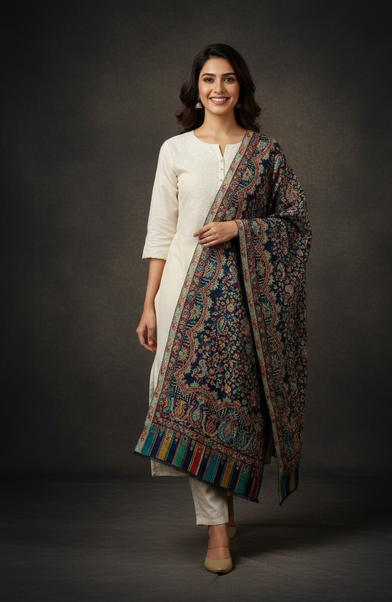 Heritage navy blue jaal stole with intricate paisley motifs and multitone woven borders by The Amritsar Store